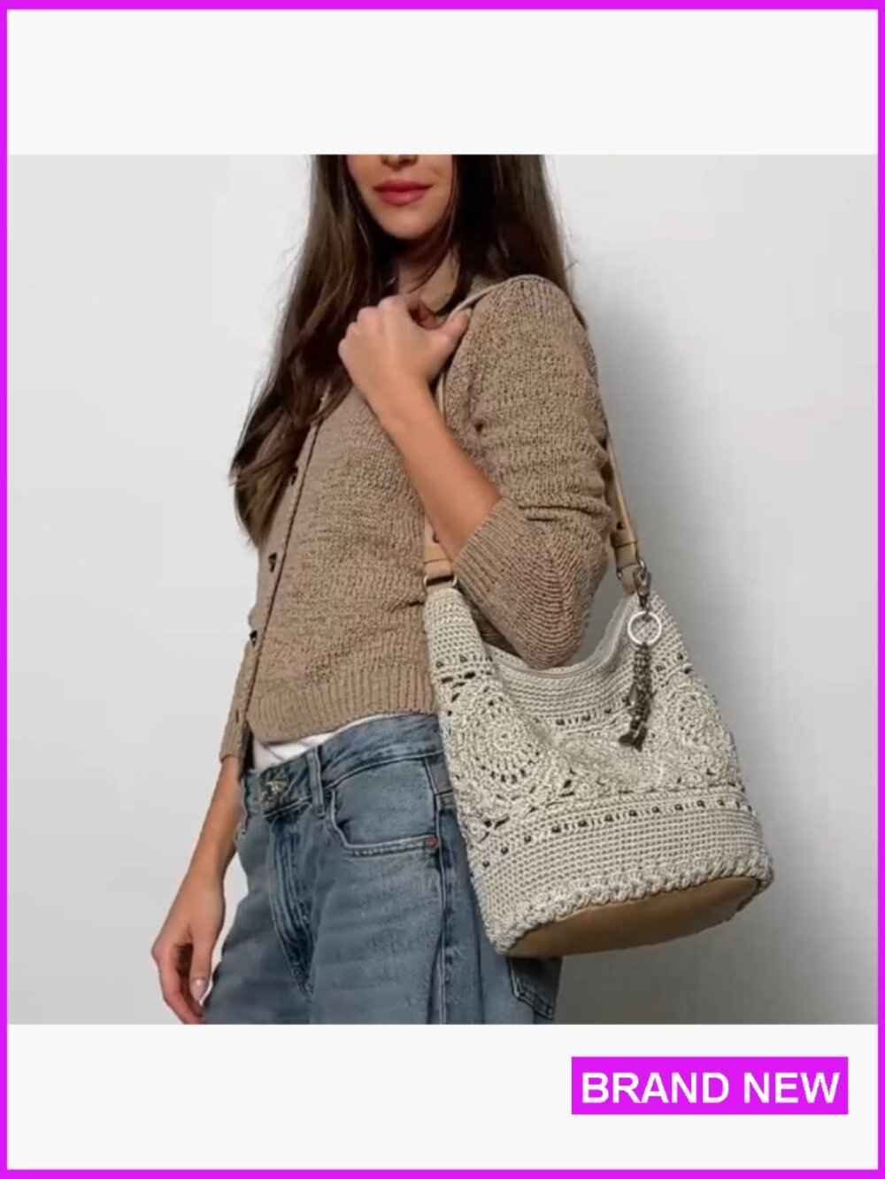 Hand Crochet Hobo Bag Spacious Tote Purse with Zipper Pocket Travel Everyday - Picture 7 of 7